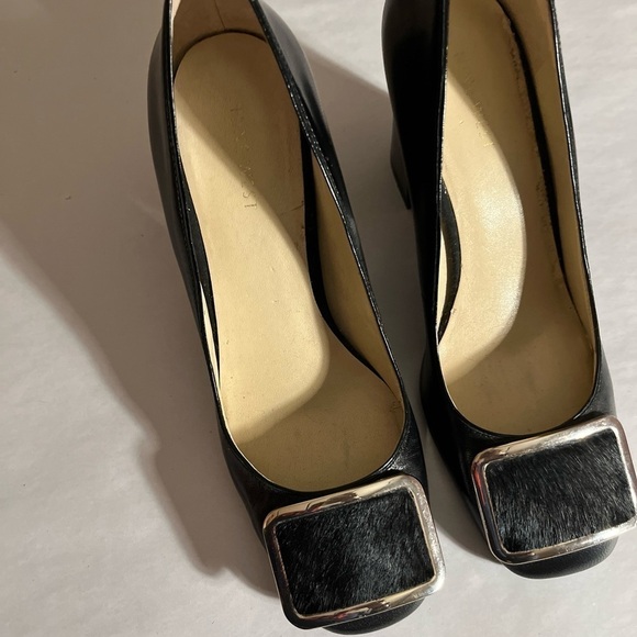 Vintage Nine West black fur silver buckle block Whimsigoth slip on heels Sz 8 - Picture 15 of 15